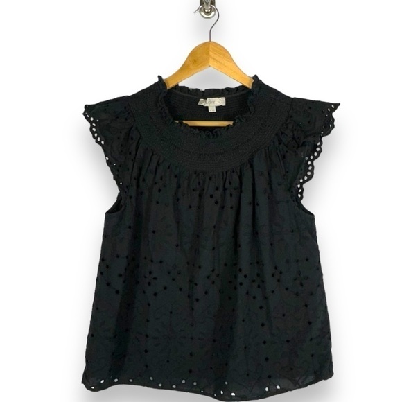 4 for $40 SALE! LOFT Eyelet Smocked Neck Flutter Sleeve Top, Black, Size M - Picture 2 of 11